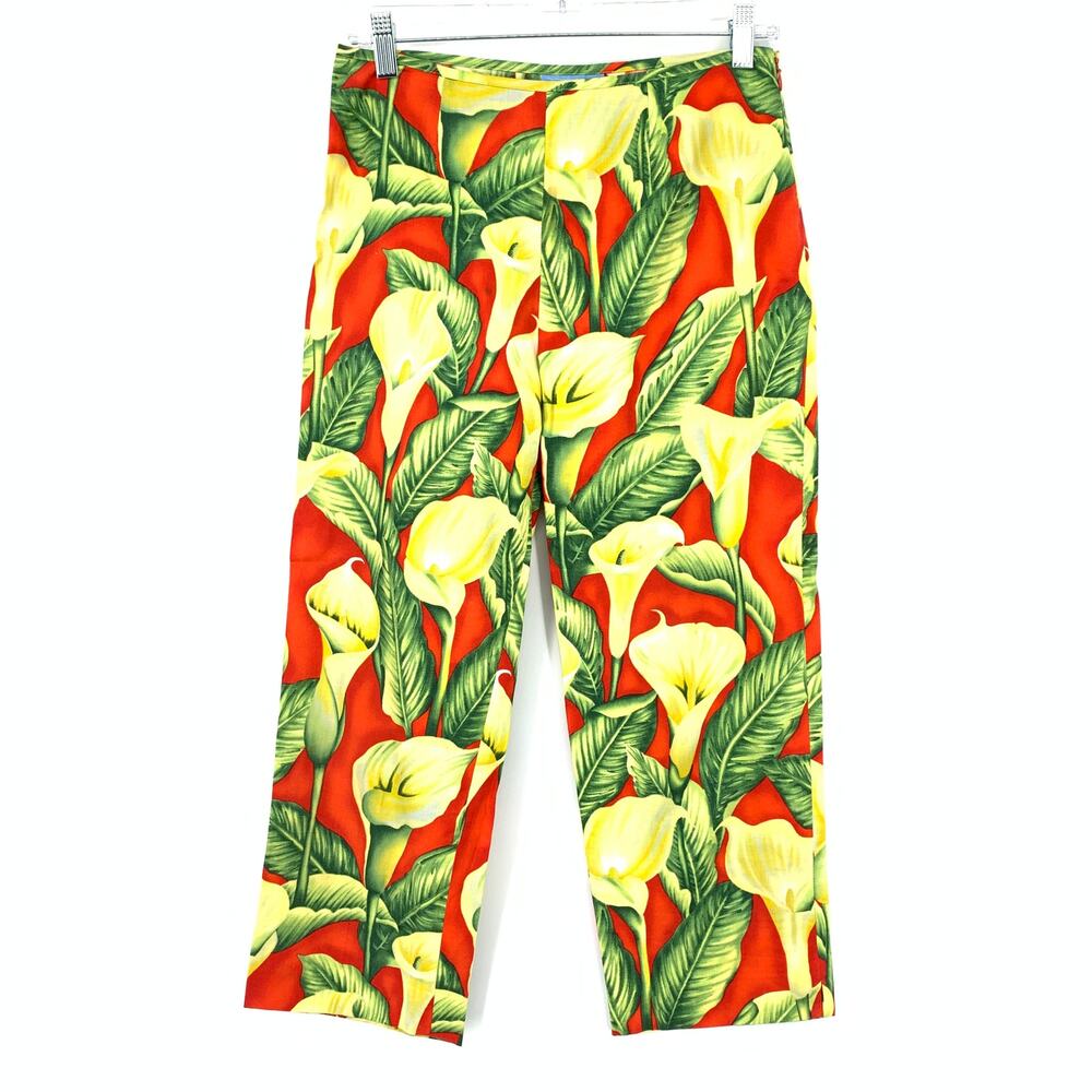 J. McLaughlin Cropped Pants Womens Size 8 Yellow Green Red Floral Print Cotton